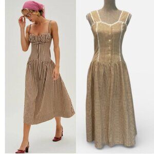 Vintage Brown Gingham Checkered Maxi Dress